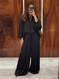 Solid Color Tie Neck Satin Blouse Wide Leg Pants Two Piece Set Long Sleeve Loose Fit 2026 Spring Daily Vacation Women Outfit