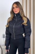 Women Cropped Puffer Jacket Stand Collar Full Zip Long Sleeve Ribbed Hem Warm Slim Fit Winter 2026 Lady Daily Casual Outerwear