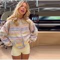 Women Rainbow Stripe Hooded Knit Cardigan Zip Front Drop Shoulder Side Pocket Loose Jacket Multicolor Textured Casual Daily Wear