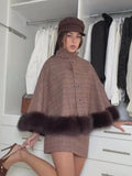 Women Plaid Fur Trim Cape Mini Skirt Set High Neck Checkered Shawl Coat Short Skirt Two Piece Outfit 2026 Autumn Elegant Suit