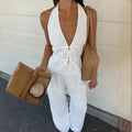 Halter Neck Vest Two-Piece Trouser Set Female Spring Summer New Lace-Up Top Wide-Leg Trousers Pure Cotton Women's Suit