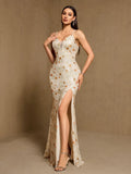 Women's V Neck Backless Lace Up Sequin Mermaid Formal Evening Dress Spaghetti Strap Bodycon Prom Party Cocktail Maxi Gown