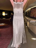Solid Spliced Tassel Dresses Suit for Women O Neck Sleeveless High Waist Long Dress with Sling Two Piece Set Female