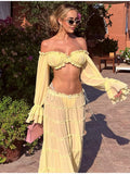 Sexy Off Shoulder Top Maxi Skirt Sets Chic Ruffled Sheer Chiffon Crop Tops High Waist Skirt 2026 New Lady Vacation Party Outfit