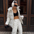 Women Floral Print Hooded Puffer Snow Suit Two Piece Outfit Thick Warm Winter Windproof Ski Jacket Wide Leg Pants Set Outdoor