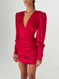 Sexy Women Deep V Puff Long Sleeve Satin Dress Solid Waist-cinching Design Ruched Slim Fit Dresses Elegant Party Lady Gowns 2026
