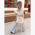 Beige Woolen Lapel Collar Fringe Hem Oversized Long Coats Chic Long Sleeve Warm Jackets Winter Daily Street Lady Outerwear 2026