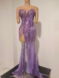 Sexy Sparkly Purple Diamond Tassel Strapless Mesh See Through Long Dress Birthday Evening Party Nightclub Bar DJ Show Stage Wear