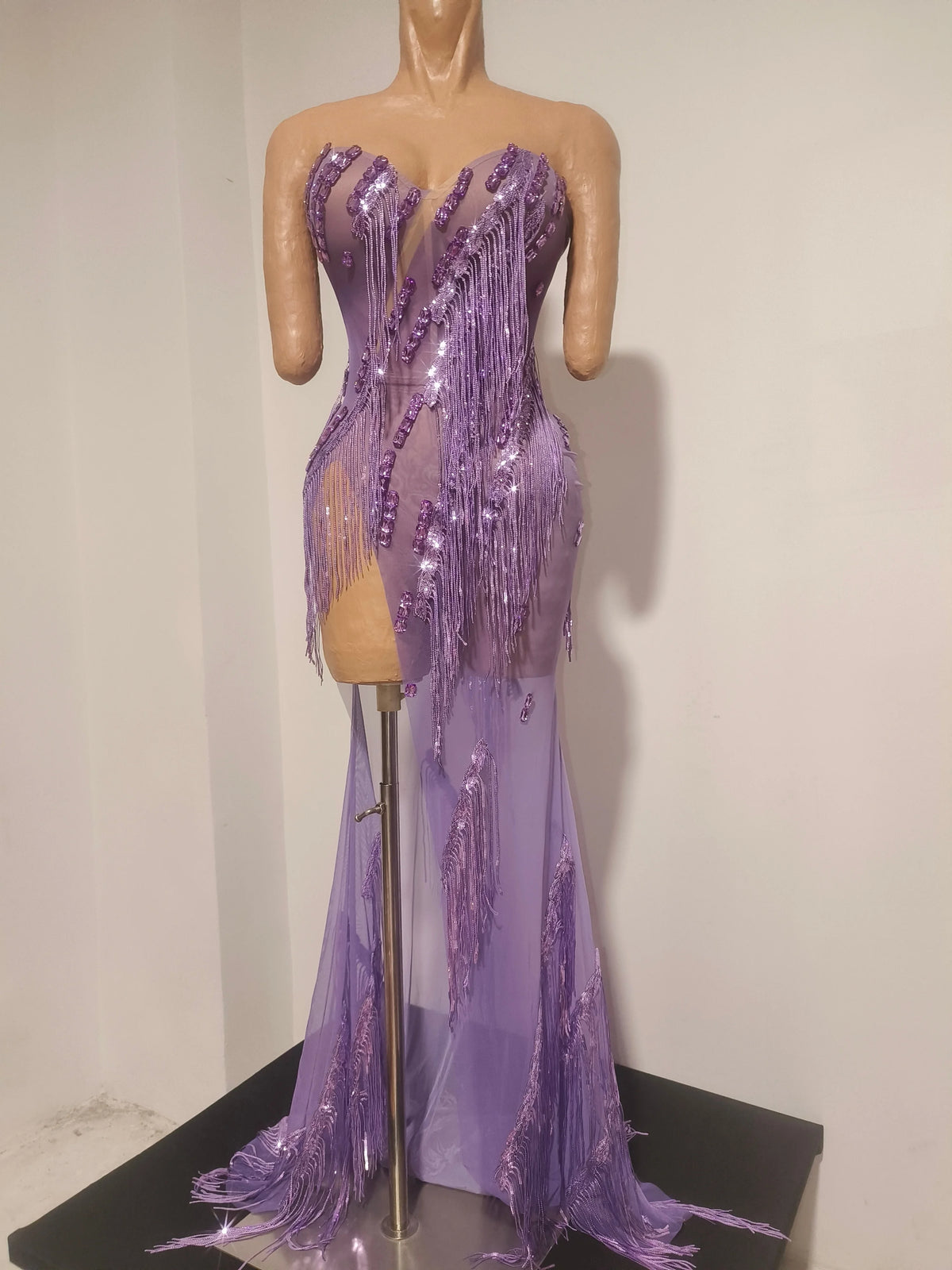 Sexy Sparkly Purple Diamond Tassel Strapless Mesh See Through Long Dress Birthday Evening Party Nightclub Bar DJ Show Stage Wear