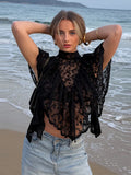 Sexy Cape Style Lace Perspective Top Women Half High Neck Short Sleeve Solid Irregular Pullover Lady Chic Casual Beach Top Cloth