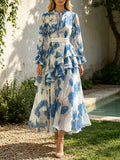French Vacation Style Floral Print Dress for Women Tie Neck Waist Belt Asymmetrical Ruffle Hem Skirt for Outdoor Photoshoot