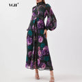 Elegant Floral Printing Long Dressess For Women Stand Collar Lantern High Waist Spliceed Rivet Hollow Out Dress Female New