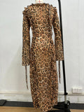 Sexy Chiffon Leopard Printing Dress for Women V Neck Long Sleeve Patchwork Lace Up Split Evening Club Maxi Dresses