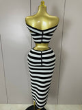 Sexy Off Shoulder Striped Button Two Piece Mini Bandage Set 2025 Women Celebrity Designer Evening Party Luxury Birthday Outfit