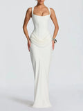 Sexy White Satin Maxi Dresses for Women Square Collar Sleeveless Tunic Fishtail Classic Dinner Dress Female Fashion
