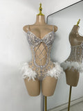 Luxury Women Sexy Shiny Crystal Feathers Hollow Out Bodysuit Nightclub Performance Dance Costume Nightclub Singer Stage Wear