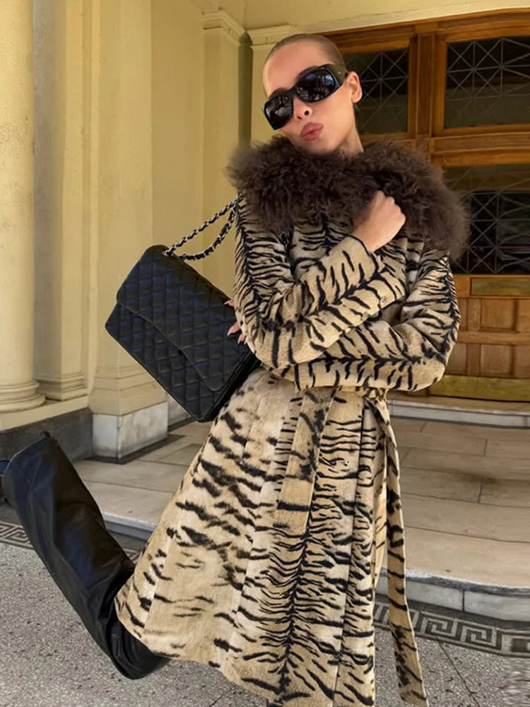 Women Vintage Tiger Print Long Coat Large Fluffy Fur Collar Waist Tie Belted Wrap Coat 2026 Winter Fashion Elegant Outerwear