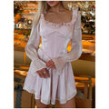 Shining Square Collar Ruffle Trim Fishbone Waist Cinched Short Dress Flare Sleeved Backless Lace Up Mini Dresses Elegant Gowns