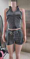 Distressed Style Denim 2 Piece Set Women Zipper Cardigan Sleeveless Crop Top+Skinny Shorts Hottie Street Hipster Suit