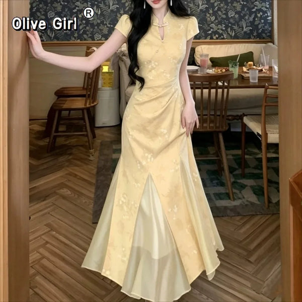 Olive Girl Yellow Dramatic Qipao for Ren Faire 2026 Garden Wedding Fairycore Photoshoot Everyday Wear S-XXL XS-3XL Plus Size Dramatic Silhouette Romantic Garden Party Editorial Not Costume Qipao Cheongsam Chinese Dress Chinese Heritage Fashion Women