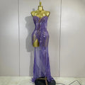 Sexy Purple Strapless Mesh See Through Long Dress Sparkly Diamond Tassel Birthday Evening Party Nightclub Bar DJ Show Stage Wear