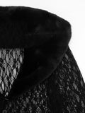 Patchwork Fur Collar Lace t-Shirt Women See Through Single-Breasted Full Sleeve v-Neck Skinny Sexy Midnight Crop Tops
