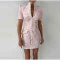 Elegant Solid Buttons Long Dress Women Waist Cinched Shoulder Pads High Collar Slit Dresses 2026 Spring Summer Lady Party Robes
