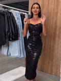 New Black Color Women Sleeveless Sexy Beading Strap Bodycon Long Dress Shinning Sequins Celebrate Elegant Evening Party Dress