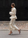 Women 2026 Spring Summer Blazer Two Piece Deep V Neck Peplum Waist Button Top Mermaid Long Skirt Commute Matching Set