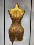 Women Sexy Sleeveless Rhinestone Sheer Mini Bodycon Dress Evening Party Luxury Birthday Bar Nightclub Stage Performance Clothing