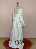 Fashion Style White Cutout Floral Accent Gown for Women Square Collar Puff Sleeve Asymmetric Train Skirt for Beach Elopement