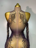 Sparkly Rhinestone Sexy Mesh Bodycon Jumpsuit Nightclub Bar Evening Party Gogo Dancer Clothing Drag Queen Outfit Stage Costume