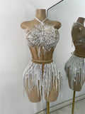 Women Sexy Crop Top Skirt Two Pieces Sets Glitter Sequins Backless Performance Outfit Nightclub Luxury Birthday Dress