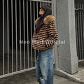 2026 Winter Hooded Striped Teddy Fur Coat Women Brand Street Fashion Girls Oversized Faux Lamb Fur Jacket Warm Overcoat