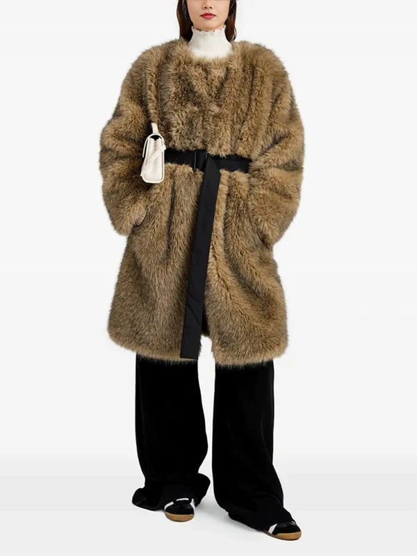Street Crew Neck Faux Fur Midi Coat Long Sleeve Loose Winter Jacket with Adjustable Fabric Waist Belt Side Pockets for Daily