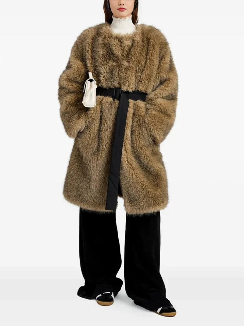 Street Crew Neck Faux Fur Midi Coat Long Sleeve Loose Winter Jacket with Adjustable Fabric Waist Belt Side Pockets for Daily