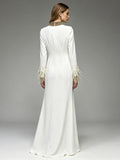 Beaded Feather Formal Evening Dress Apricot Long Sleeves Slim fit Women's Gowns Elegant Wedding Party Dress