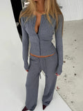 White Ribbed Knit Two Piece Set for Women Slim Button Accent Cardiagns Low Waist Loose Pant Suit for Casual Outings