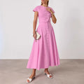 Solid Spliced Button Two Piece Set for Women O Neck Short Sleeve Top High Waist Skirt Sets Female New