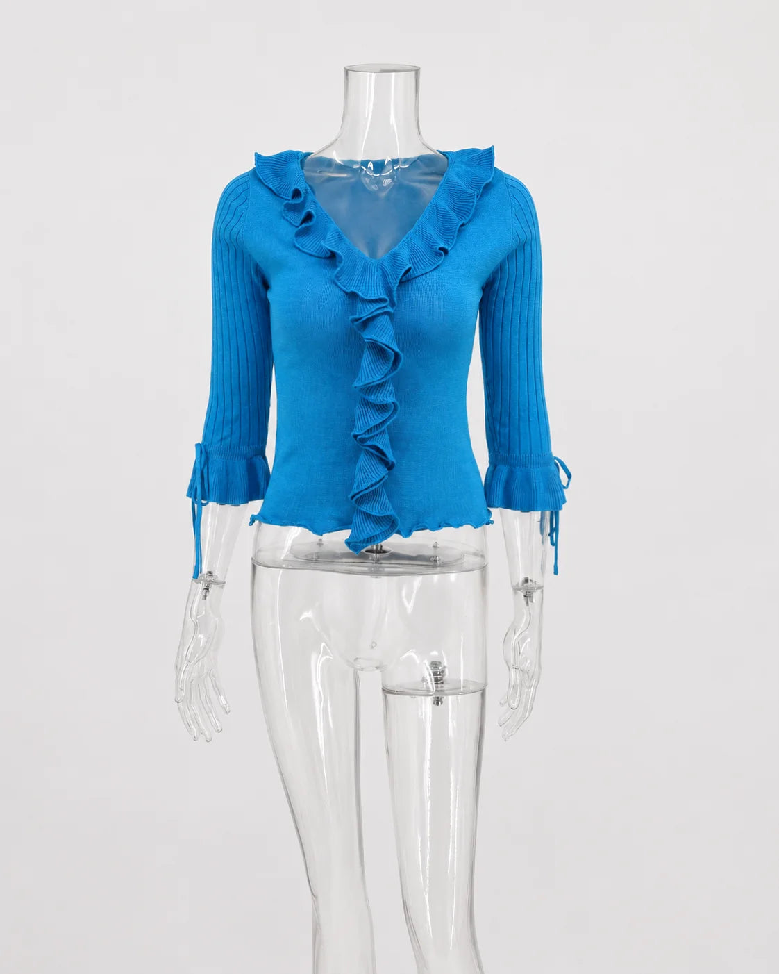 Ruffled Knit Casual Pullover Women's Bow Lace Up V-Neck Solid Slim Commuter T-Shirt Summer New Female Party Vacation Top
