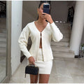 V Neck Women Knit Two Piece Set Single Button Knit Cardigan High Waist Bodycon Mini Skirt Slim Figure Flattering Fit Fashion