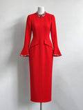 Luxury Crystal Flare Sleeve Formal Evening Dress Long Sleeves Slim Women's Gowns Trumpet Elegant Wedding Party Dress