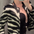 Women Round Neck Zebra Striped Zip‑Up Jacket Long Sleeve Zebra Print Cropped Faux Leather Loose Casual Streetwear Outerwear Coat