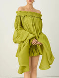 Solid Loose Spliced Folds Dress for Women Slash Neck Long Sleeve Luxury Irregular Dresses Female Summer Fashion New