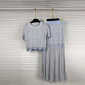 Elegant Two Piece Set For Women Multi Color Hollow Wave Knit Short Sleeve Crew Neck Scallop Hem Maxi Skirt For Daily Commute