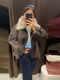 Fashion Faux Fur Collar Middle Long Jackets Women Solid Full Sleece Button Zipper Coats 2025 Lady Chic Casual Winter Outerwear