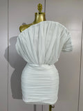 Women White Off The Shoulder Mesh Eveing Party Birthday Prom Nightclub Costumes Elegant Puff Sleeve Ruched Bodycon Mini Dress