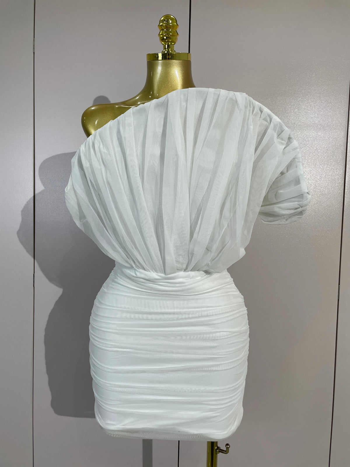 Women White Off The Shoulder Mesh Eveing Party Birthday Prom Nightclub Costumes Elegant Puff Sleeve Ruched Bodycon Mini Dress