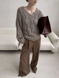 Women's Cable Knit Sweater V Neck Long Sleeve Oversized Loose Chunky Twist Pullover Tops Casual Autumn Retro Commute Top