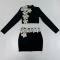 Women Long Sleeve Diamond Flowers 2 Pieces Bodycon Mini Bandage Dress Celebrate Nightclub Party Outfit Vestido